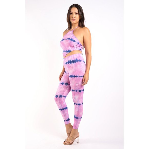 Women Tie Dye Printed Rib Halter Top and Matching Legging 2 piece Sets Sexy Cute - Picture 7 of 9
